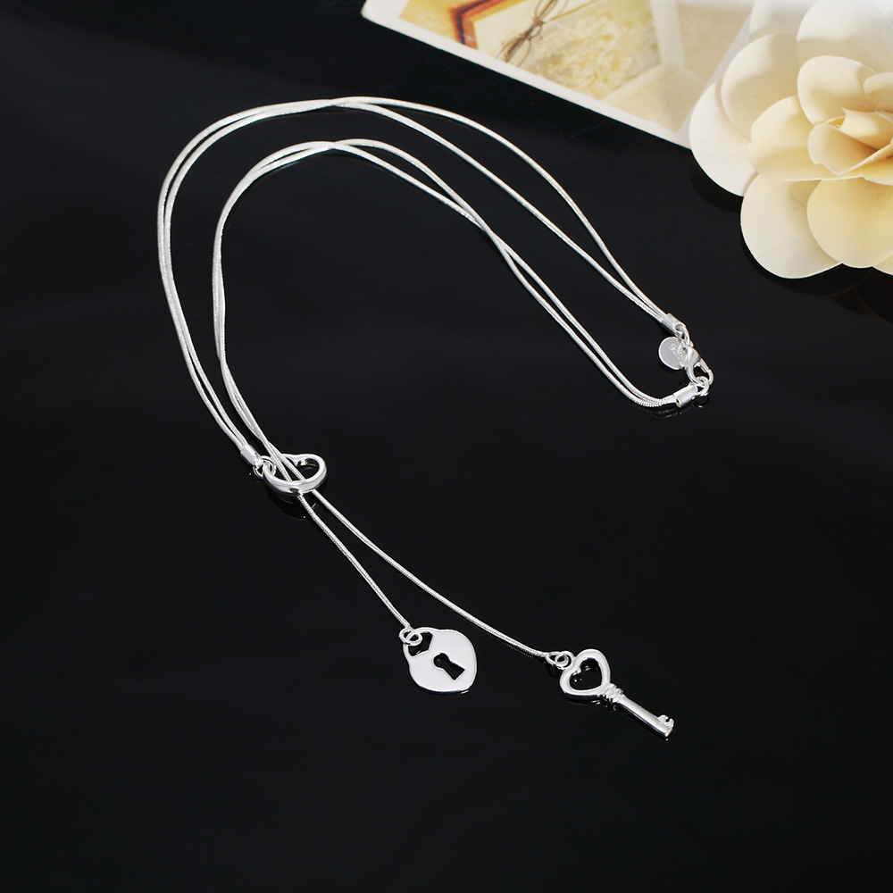 Chain Lock Combination - 女性のためのロマンチックなキーネックレス,925スターリングシルバー,高級ネックレス,ウェディングギフト,クリスマスジュエリー